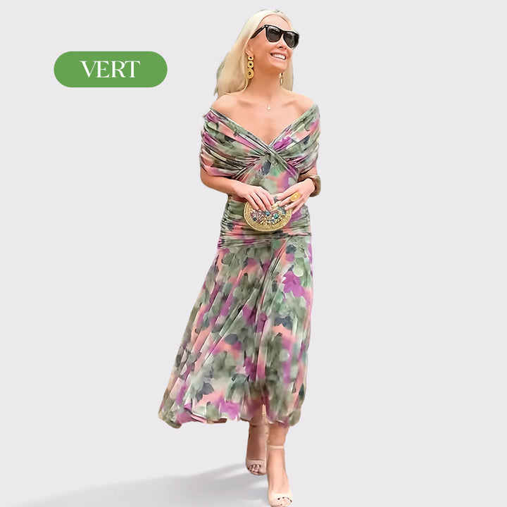 Vente chaude 58% de réduction | Robe imprimée à col V hors épaule pour femmes