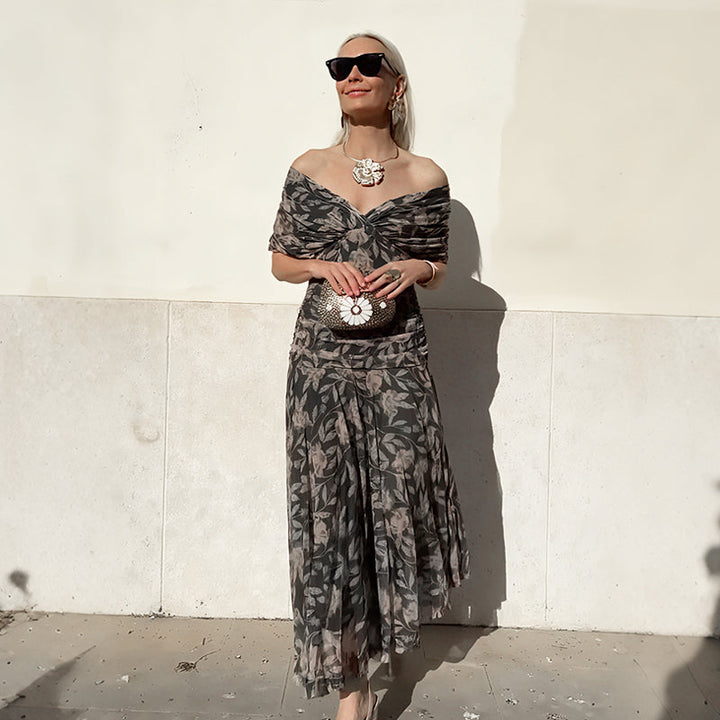 Vente chaude 58% de réduction | Robe imprimée à col V hors épaule pour femmes