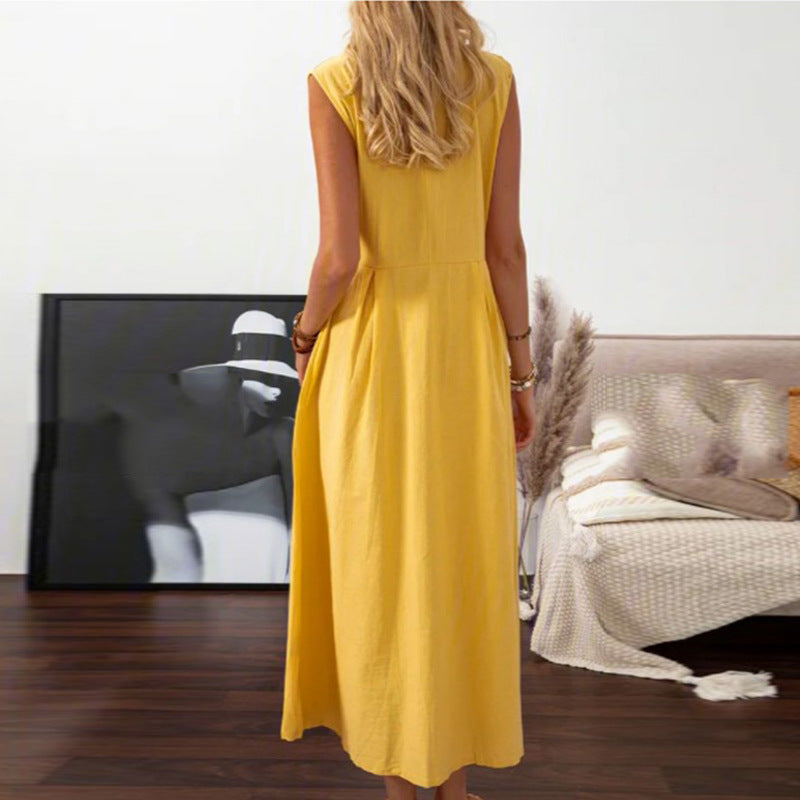 Vintage Solid Colour Cotton and Linen A-line Dress