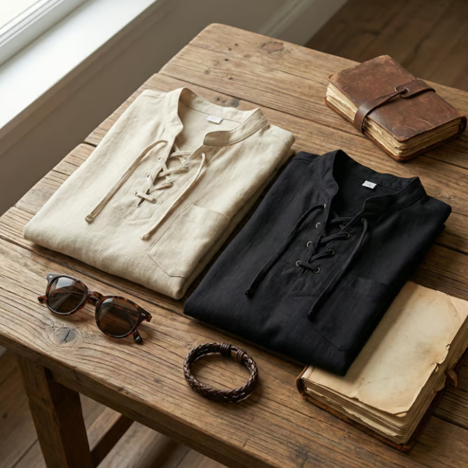 OLIVIER ROSSI PARIS | T-shirt vintage pour homme en lin, col en V, style pirate médiéval, viking gothique, manches longues
