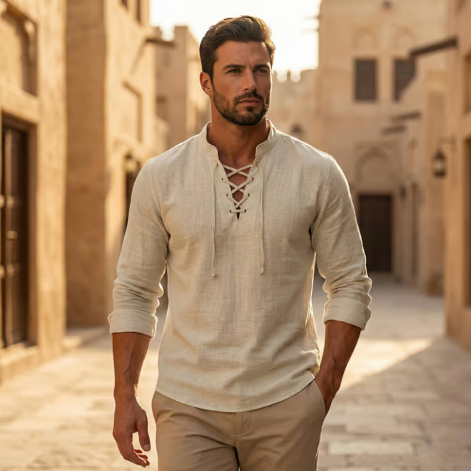 OLIVIER ROSSI PARIS | T-shirt vintage pour homme en lin, col en V, style pirate médiéval, viking gothique, manches longues
