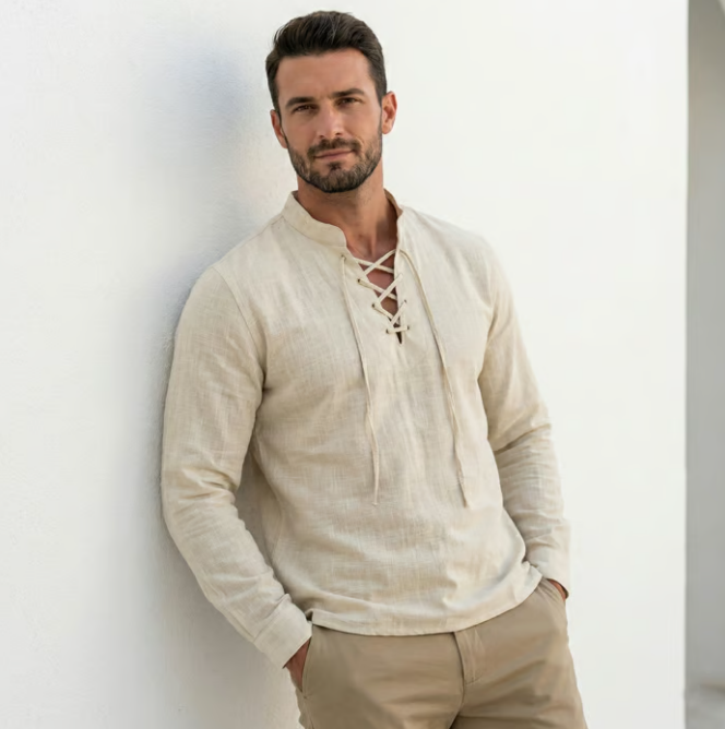 OLIVIER ROSSI PARIS | T-shirt vintage pour homme en lin, col en V, style pirate médiéval, viking gothique, manches longues