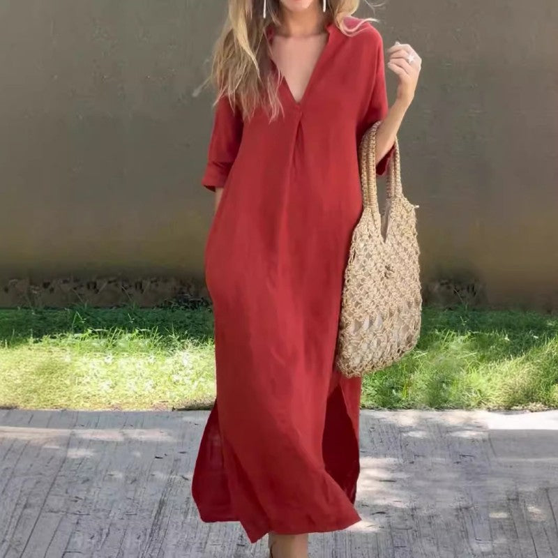 Robe fendue à la mode en coton et lin à col en V