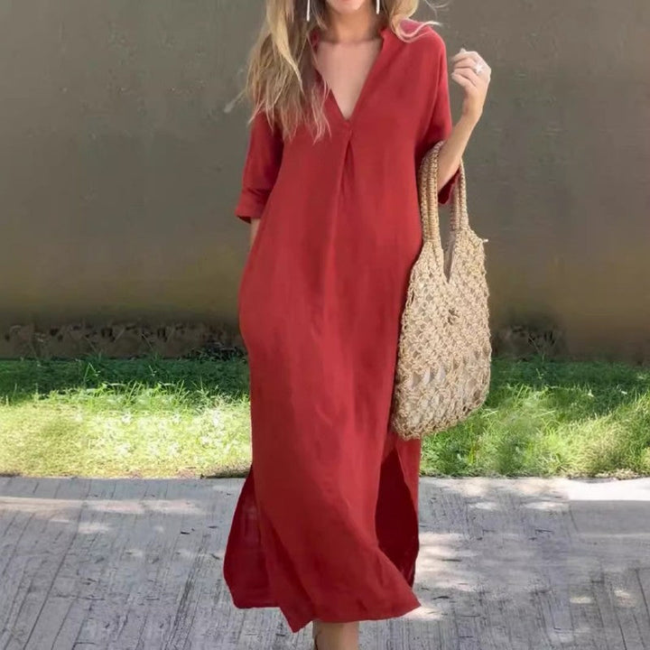 Robe fendue à la mode en coton et lin à col en V