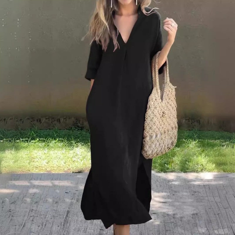 Robe fendue à la mode en coton et lin à col en V