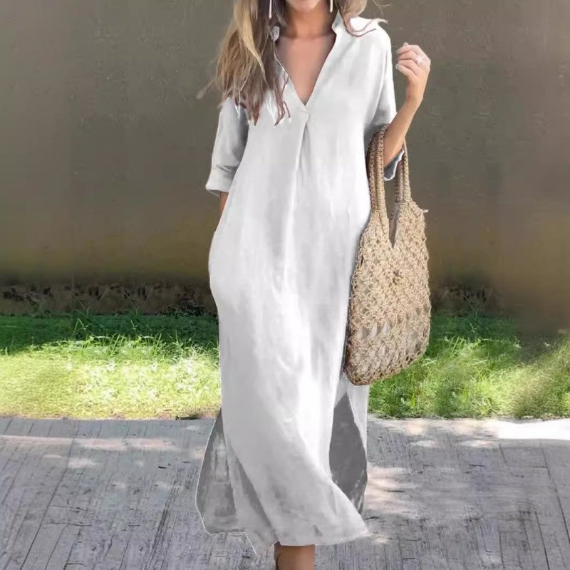 Robe fendue à la mode en coton et lin à col en V