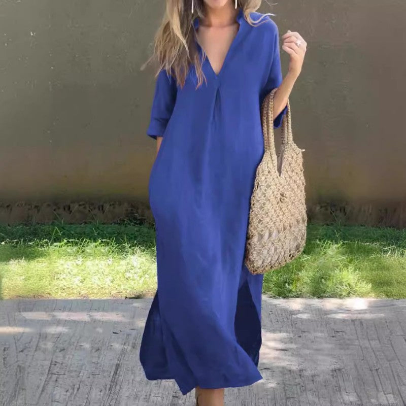 Robe fendue à la mode en coton et lin à col en V