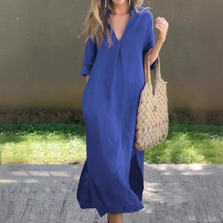 Robe fendue à la mode en coton et lin à col en V