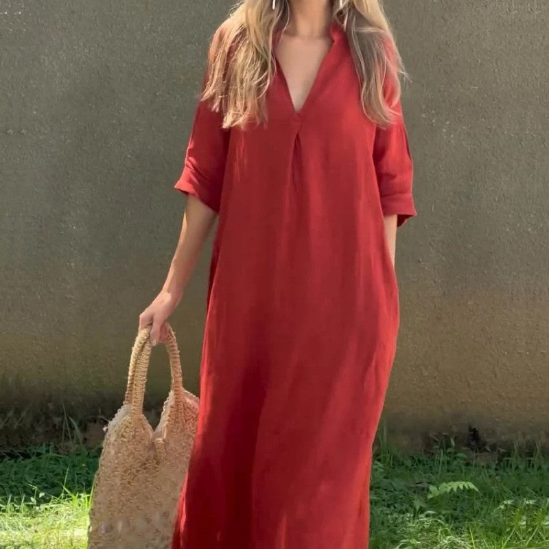 Robe fendue à la mode en coton et lin à col en V