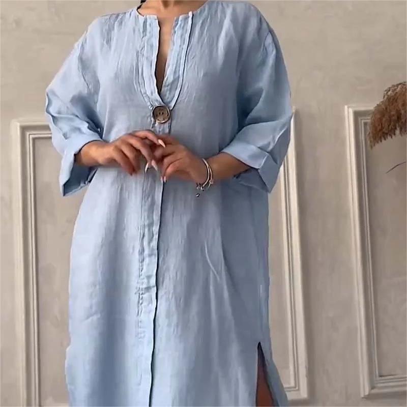 Robe décontractée et respirante de couleur unie avec manches 3/4 et col en V