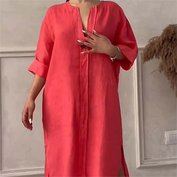 Robe décontractée et respirante de couleur unie avec manches 3/4 et col en V