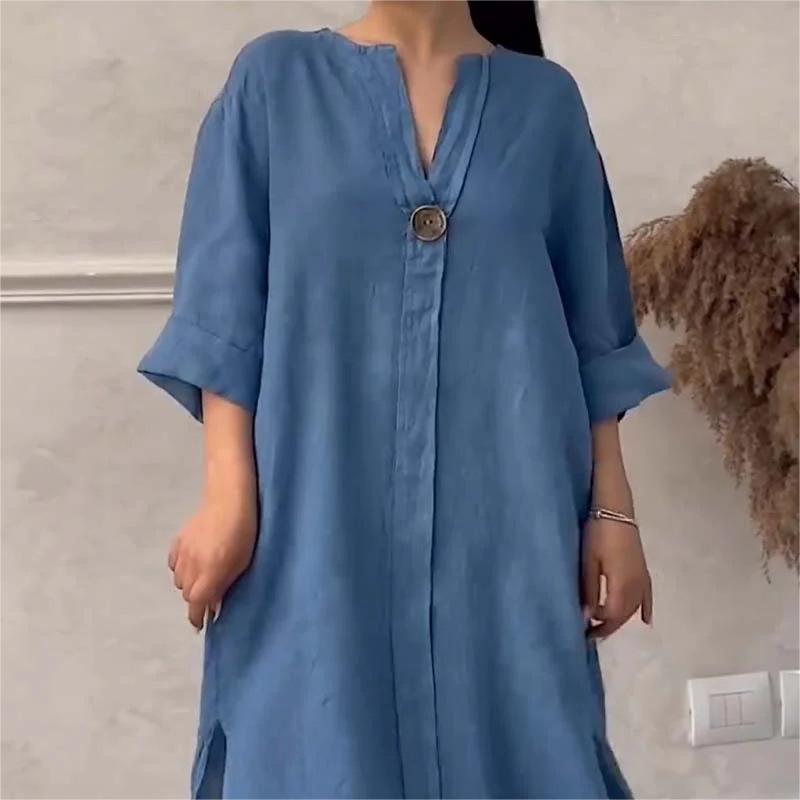 Robe décontractée et respirante de couleur unie avec manches 3/4 et col en V