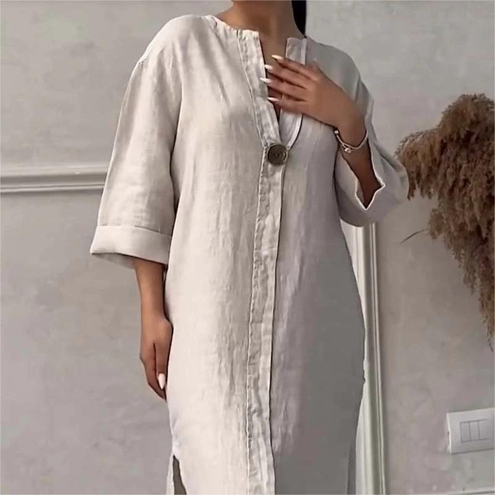 Robe décontractée et respirante de couleur unie avec manches 3/4 et col en V
