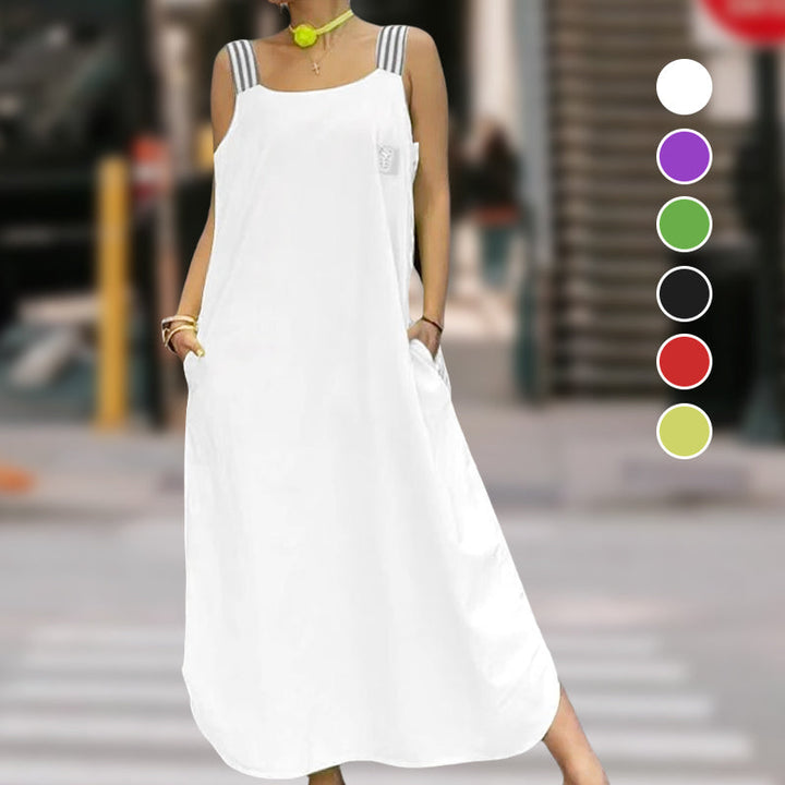 Robe décontractée en coton et lin à larges bretelles de couleur unie