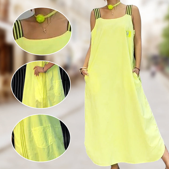 Robe décontractée en coton et lin à larges bretelles de couleur unie