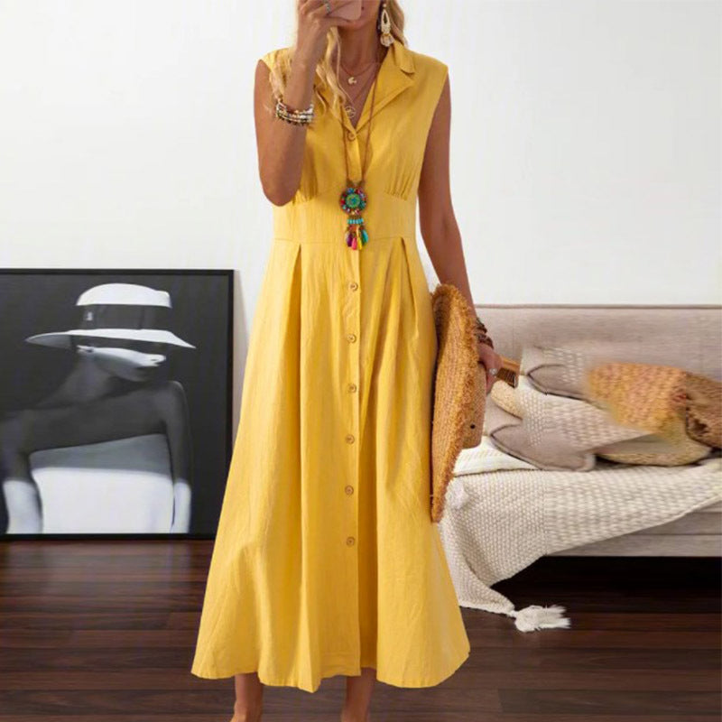 Vintage Solid Colour Cotton and Linen A-line Dress