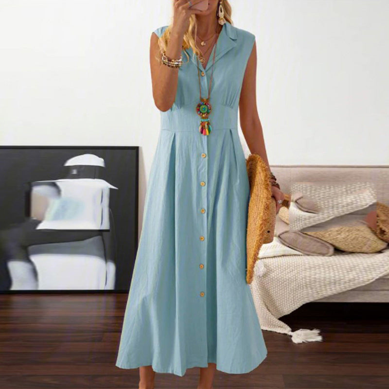 Vintage Solid Colour Cotton and Linen A-line Dress