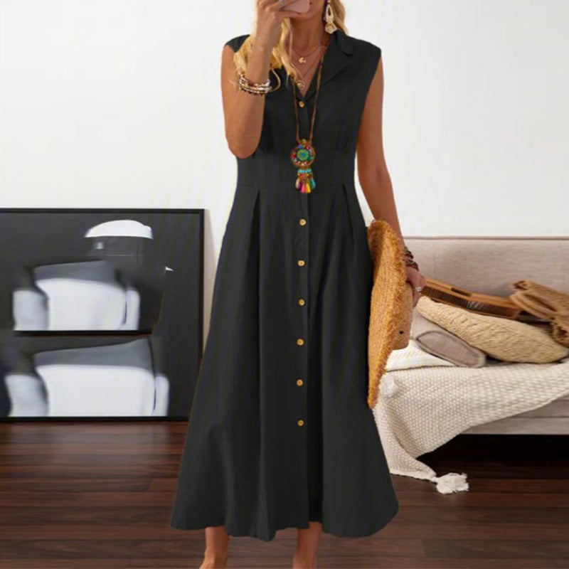 Vintage Solid Colour Cotton and Linen A-line Dress