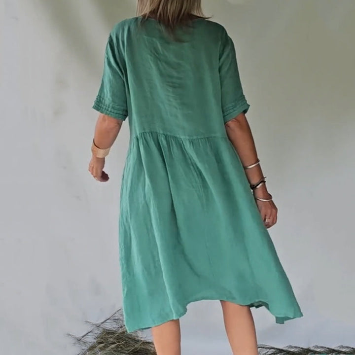 Robe à manches courtes en coton et lin de style rétro