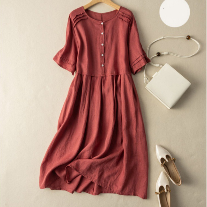 Robe à manches courtes en coton et lin de style rétro