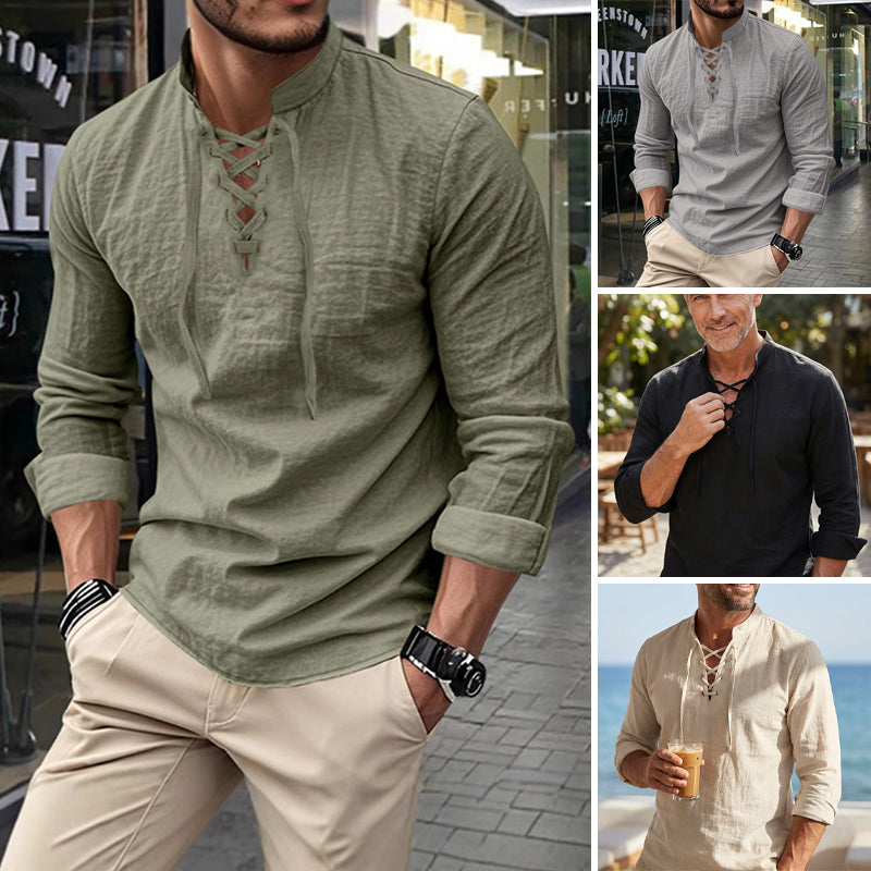 OLIVIER ROSSI PARIS | T-shirt vintage pour homme en lin, col en V, style pirate médiéval, viking gothique, manches longues