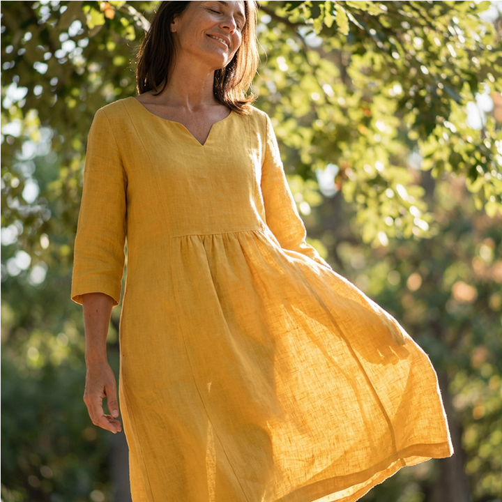 Robe décontractée à col en V et manches 3/4 avec poches | Confortable et élégante | Convient à toutes les saisons