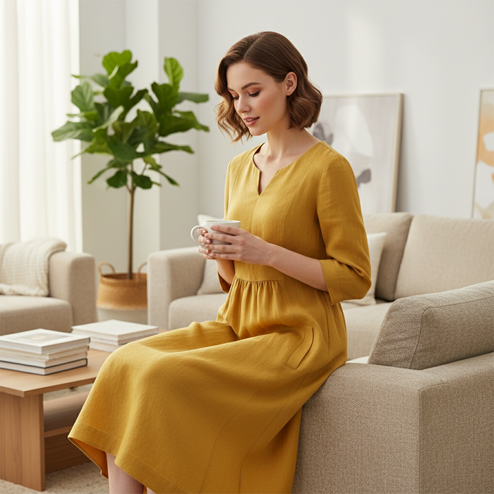 Robe décontractée à col en V et manches 3/4 avec poches | Confortable et élégante | Convient à toutes les saisons