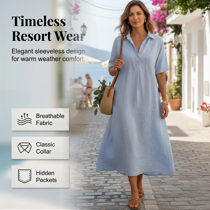 Robe en coton et lin à col V boutonné pour femme
