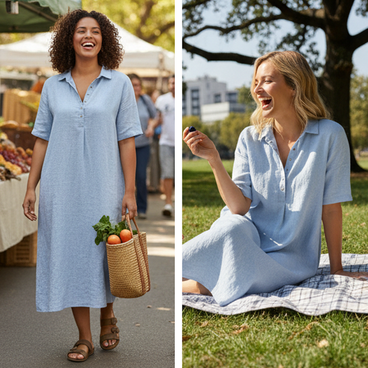 Robe en coton et lin à col V boutonné pour femme