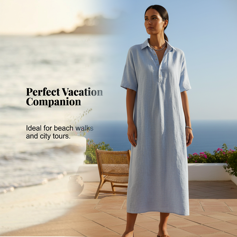 Robe en coton et lin à col V boutonné pour femme