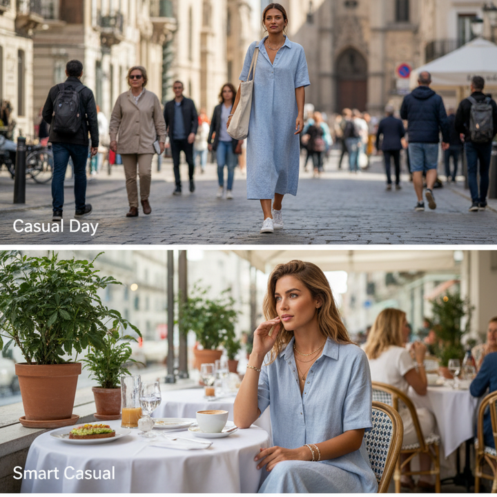 Robe en coton et lin à col V boutonné pour femme