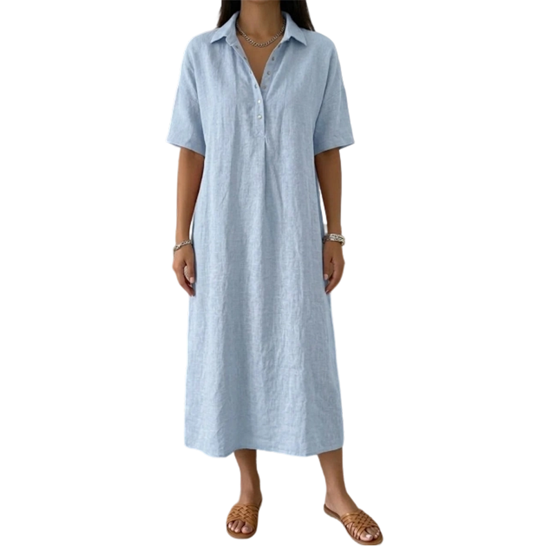 Robe en coton et lin à col V boutonné pour femme