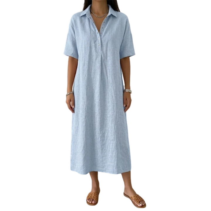 Robe en coton et lin à col V boutonné pour femme