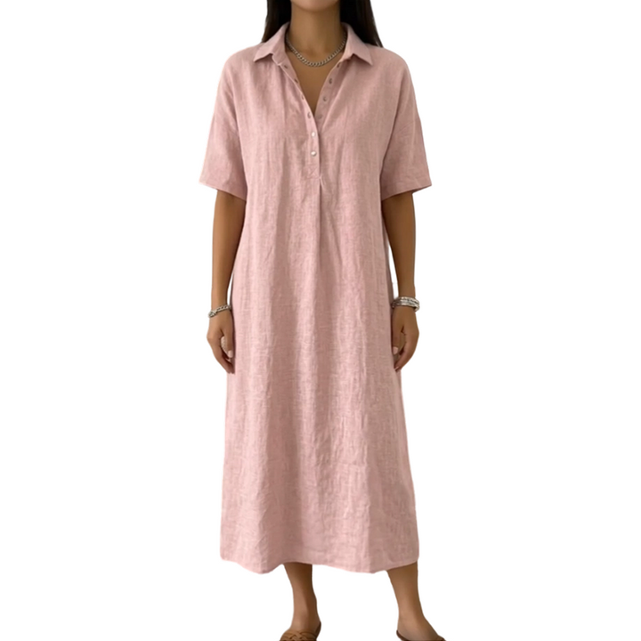 Robe en coton et lin à col V boutonné pour femme