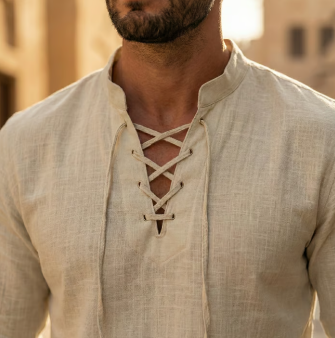 OLIVIER ROSSI PARIS | T-shirt vintage pour homme en lin, col en V, style pirate médiéval, viking gothique, manches longues